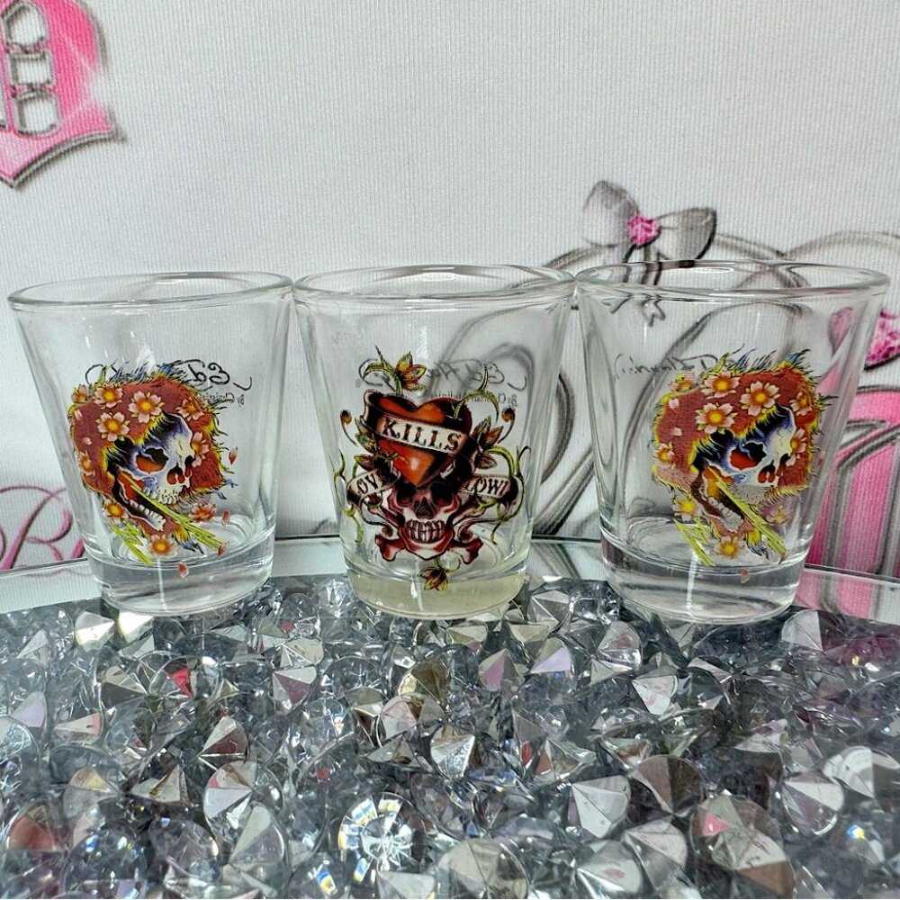 3 don ed hardy shot glasses mini glasses glass tattoo brand drinking bar ware